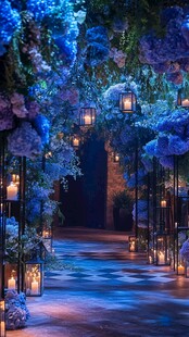 梦幻蓝调花卉烛光通道