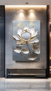 中式玄关处的立体莲花挂画