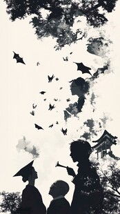 童趣剪影 吹号孩童与飞鸟