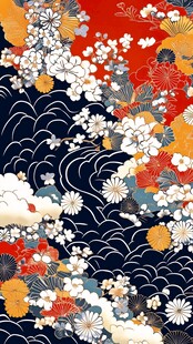 日式和风花卉海浪图案