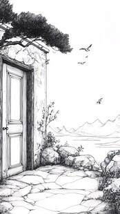 石屋之门 远方山海飞鸟景