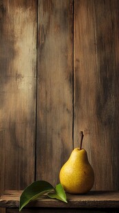 木桌上的黄梨与绿叶