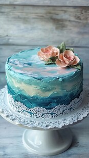 梦幻蓝绿渐变花卉装饰蛋糕
