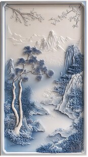 蓝白山水浮雕艺术作品