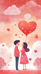 浪漫情侣于爱心气球下亲吻
