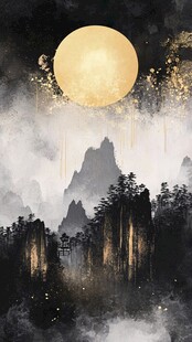 月夜山峦水墨意境图