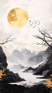 月夜山川飞鸟水墨图景