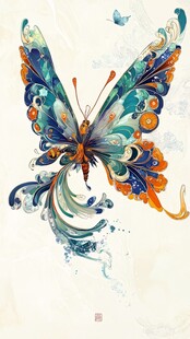 梦幻绚丽花纹蝴蝶插画