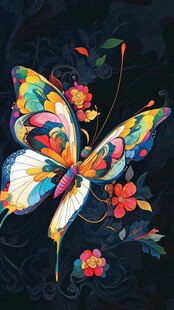 多彩蝴蝶与繁花艺术插画