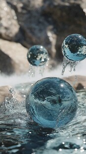蓝色玻璃球于水中灵动之景