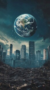 末日城市上空的地球景象