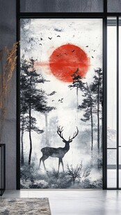 红日下的林间鹿影