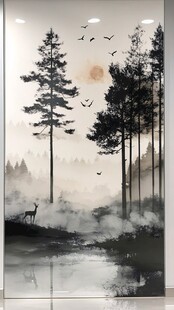 水墨森林间的鹿影与飞鸟