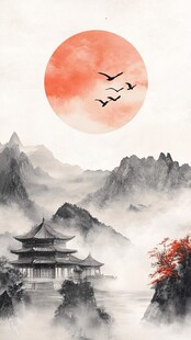 夕阳下的中式山水楼阁