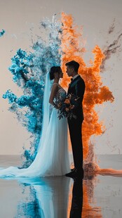 梦幻蓝橙烟雾下的新婚夫妇
