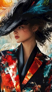 华丽羽帽与印花服饰美女