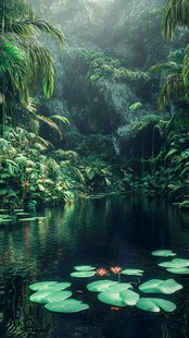 静谧雨林中的睡莲池塘