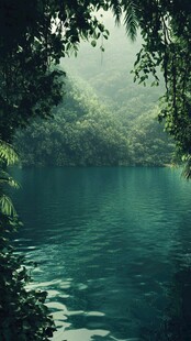 静谧山林中的幽蓝湖水