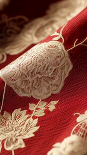 精美红底白花刺绣织物