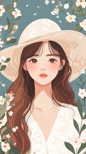 花海中的优雅戴帽少女