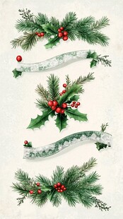 圣诞装饰松枝冬青丝带元素