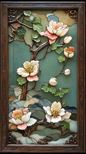 中式立体花卉木雕装饰画