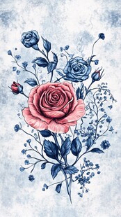 蓝粉玫瑰花卉水彩插画