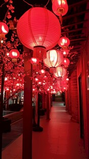红灯笼装点的梦幻夜景