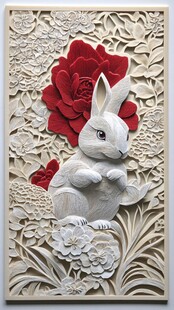 白兔伴繁花立体艺术佳作