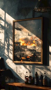 墙上战争画作旁的酒瓶