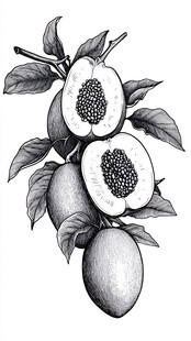 手绘番石榴果实与枝叶图