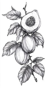 手绘枝头桃果与绿叶