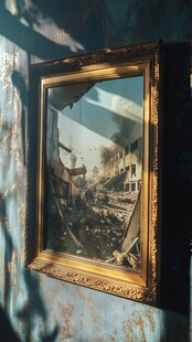 破损画框中的废墟景象