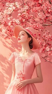 粉裙少女与烂漫樱花邂逅