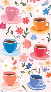 多彩茶杯与花卉图案背景