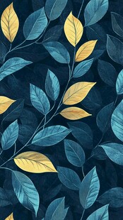 蓝底黄绿叶片植物图案