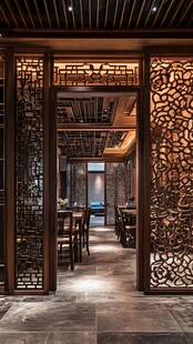 中式雕花隔断的雅致餐厅