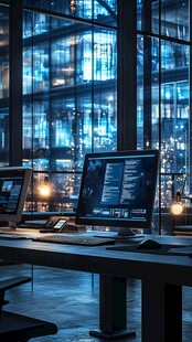 深夜都市中的编程工作场景