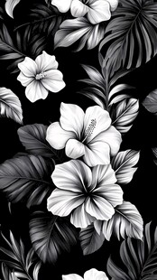 黑白扶桑花叶无缝图案