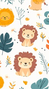 可爱狮子与植物卡通图案