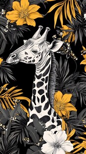 长颈鹿置身热带花卉丛林