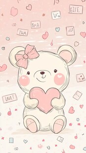 可爱小熊抱心粉色系插画