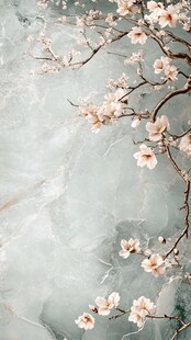 玉色背景下的烂漫樱花枝