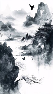 水墨山水间的飞鸟与古建