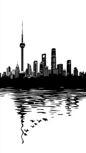 上海城市天际线水墨剪影