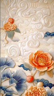 中式浮雕花卉祥云装饰画