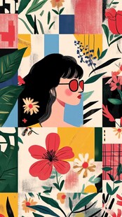 时尚女孩与花卉拼接插画