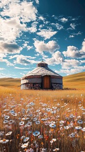 草原上的蒙古包与烂漫花海