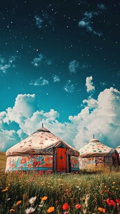 草原星空下的彩色蒙古包