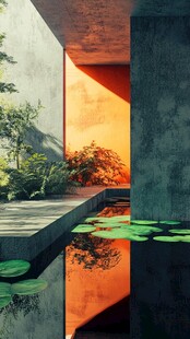 光影下的静谧水景庭院